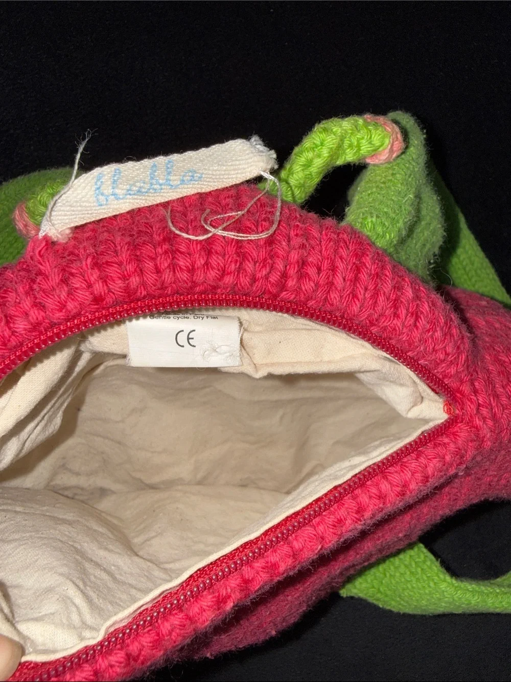 Pink Ladybug Knit Kids Backpack with Lime Green Straps